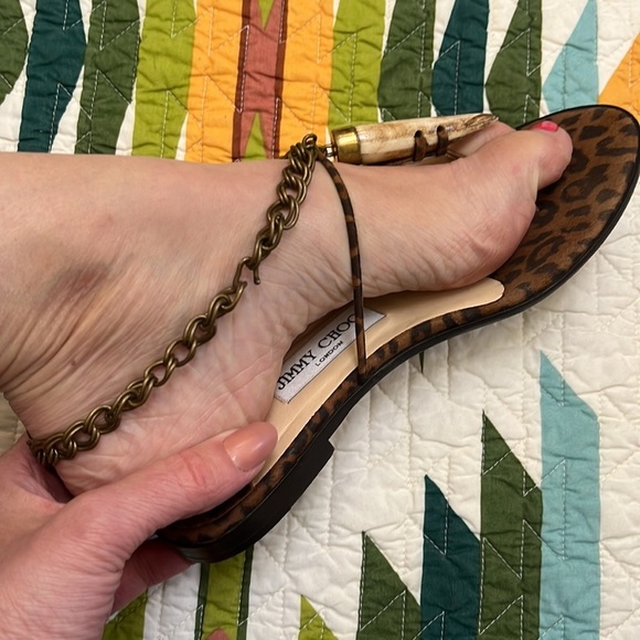 Jimmy Choo flat sandals, Leopard, bone and brass chain Size 37/ US 6.5 - Picture 11 of 16